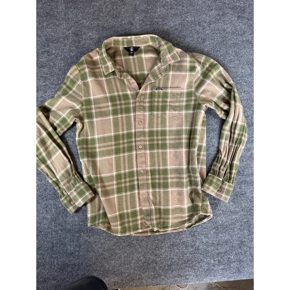 Volcom Mens Plaid Flannel Shirt Olive Green Tan Long Sleeve Button Up Size L
